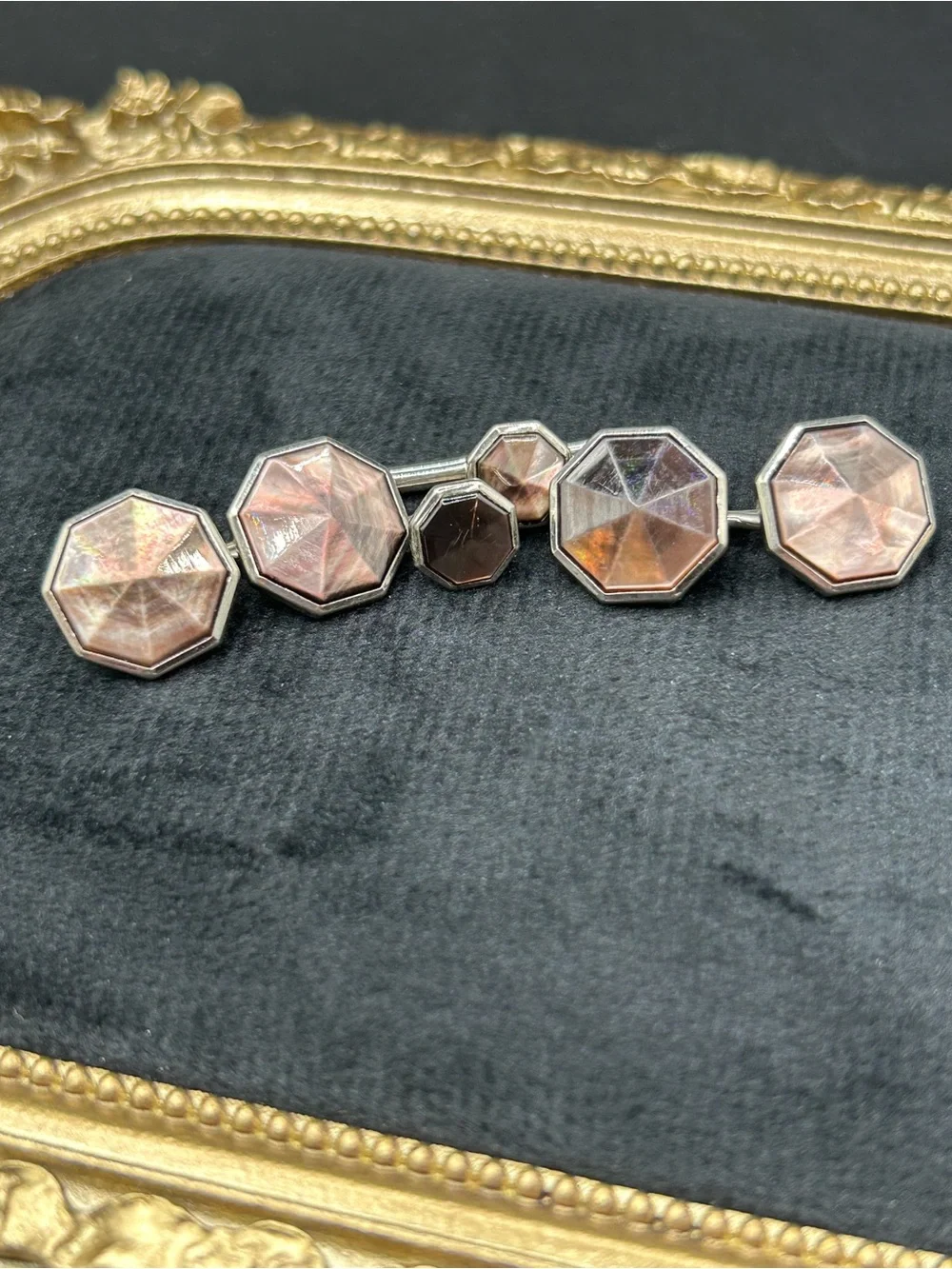 Art Deco Octagonal Mother-of-Pearl Cufflinks and Stud Set - Iridescent Pink